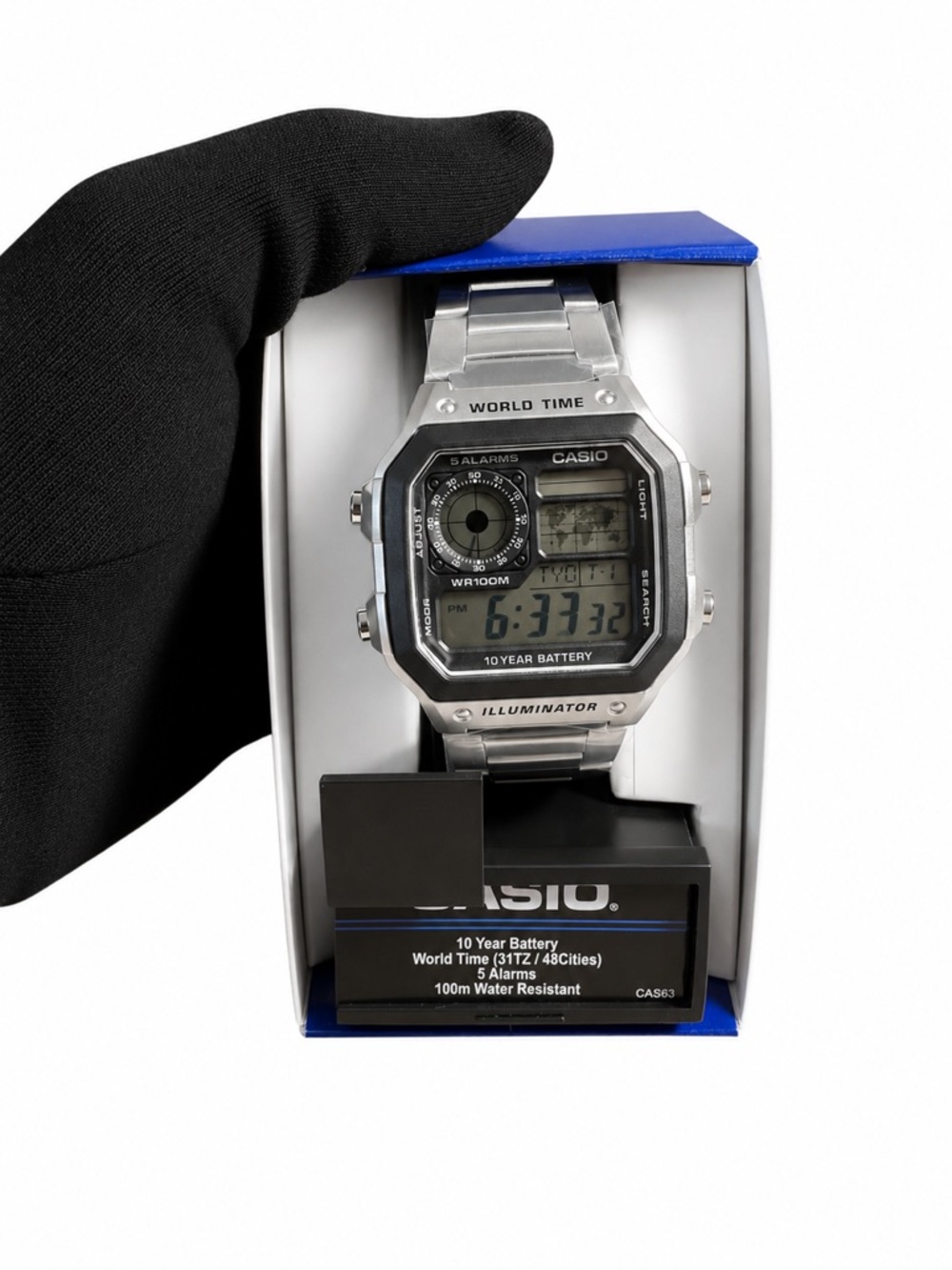 Casio Silver Digital World Time Watch with Black Dial Accents